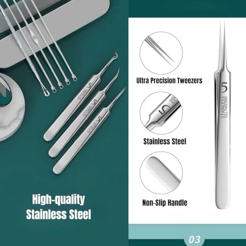 xwxwseui Usiveinborn Blackhead Remover Upgraded, Usiveinborn Blackhead Tweezers, Professional Upgraded Facial Blackhead Remover Tweezers, Blackhead Remover Tools Sets (A2-Green-8pcs)