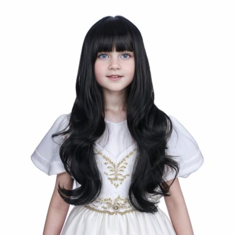 Ufindcos Black Wig with Bangs for Kids Long Wavy Curly Black Hair Wigs for Child Curly Black Wig for Girls Synthetic Wig with Wig Cap