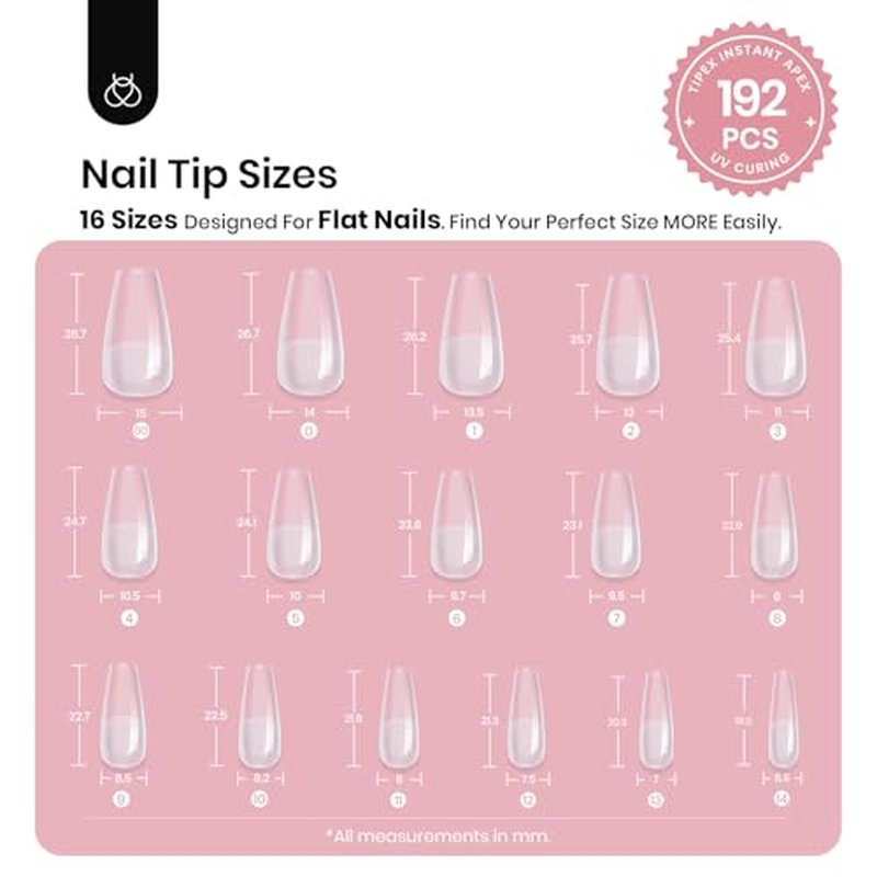 Beetles Tipex Instant Apex Nail Tips, Short Coffin 192 Pieces Pre-Building & Pre-Etched Thicker Acrylic Nail Tips - Upgraded with 16 Sizes for Flat Nails Press on Nails
