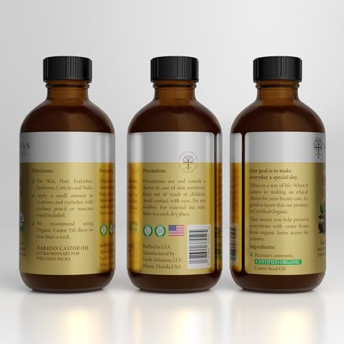 Narayan Organic Castor Oil (4 Fl Oz GLASS BOTTLE) USDA Certified Natural Hexane Free Cold Pressed — For Hair Growth, Eyelashes, Eyebrows & Skin — Extraordinary for Wellness Packs — Includes Beauty Kit
