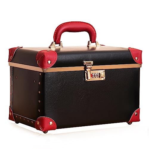 urecity Portable Retro Leather Makeup Train Case Cosmetic Organizer Case Leather Storage Box with Combination Lock (12.5", Black)