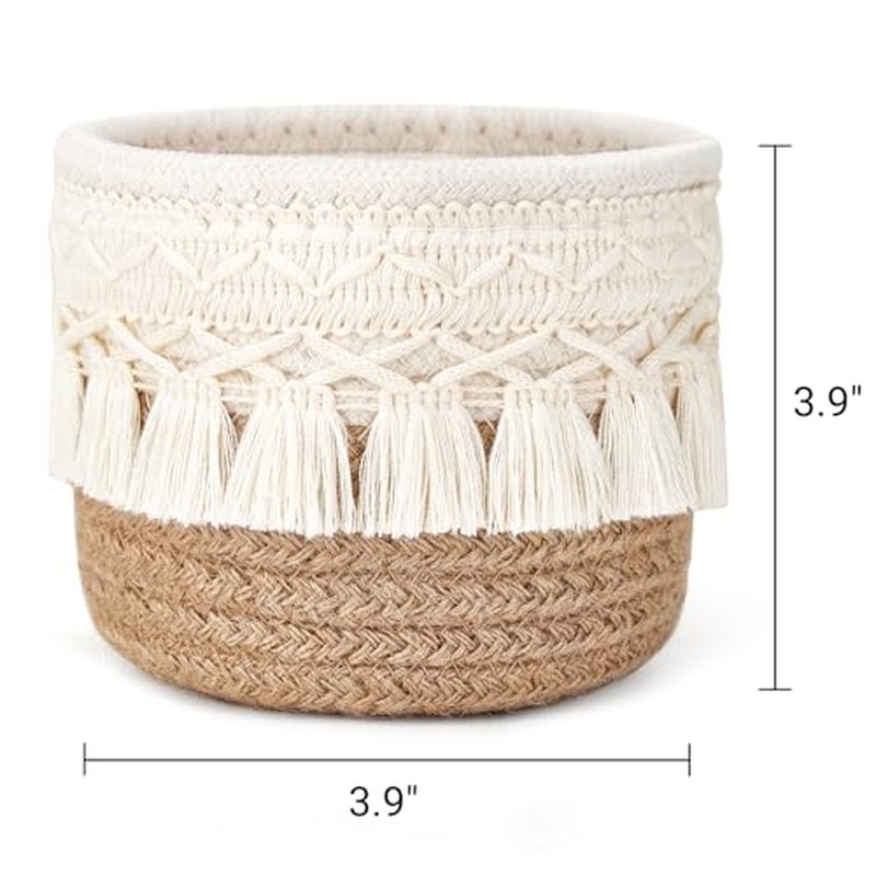 Mkono Macrame Makeup Brush Holder Organizer Comb Brushes Mini Storage Basket Set of 2 Boho Decor Baskets for Pen Pencil Box Container,Yellow and White