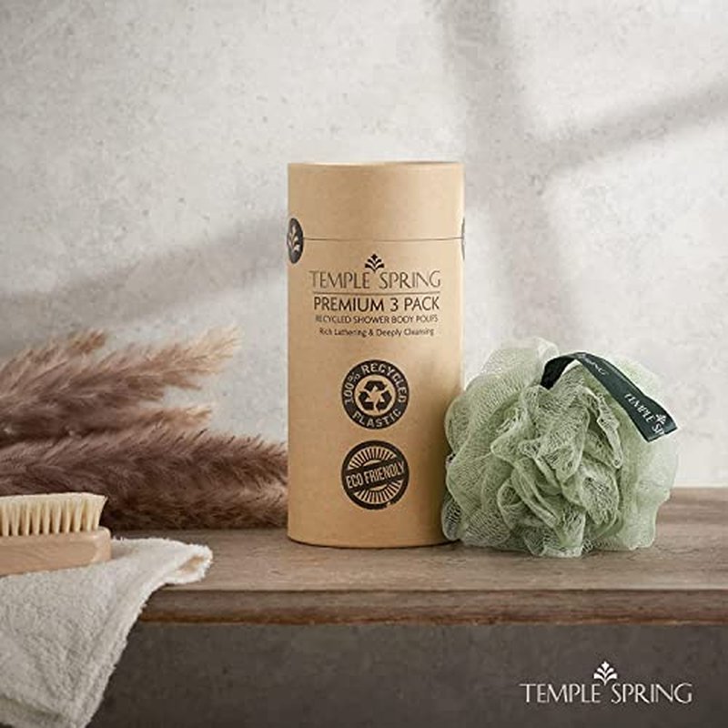 Temple Spring Shower Loofahs 3 Pack - Natural Recycled Shower Puffs for Body Set for Men and Women - Loofah Exfoliating Body Scrubber, Bath Poufs or Shower Scrunchie - Sea Green