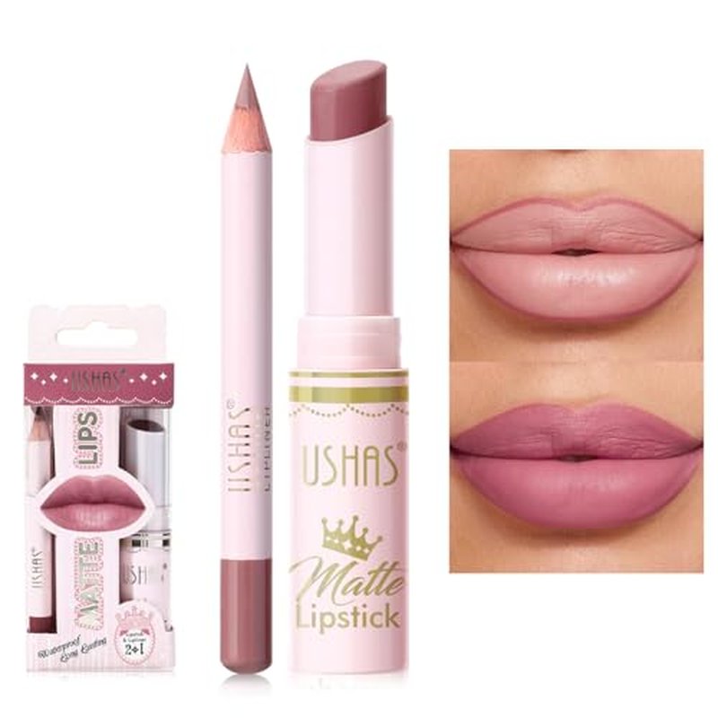 USHAS Lipstick and Lip Liner Combo Set 2 in 1 Waterproof Lipstick for Women Lip liner Set Long Lasting Lipstick, Matte Lipstick Pen with Lip Liner Set Makeup Kits (S16, Pack of 1)