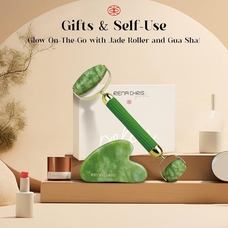 Rena Chris Face Roller & Gua Sha Set, Natural Jade Massage Tools for Jawline Sculpting and Puffiness Reducing, Beauty & Skincare