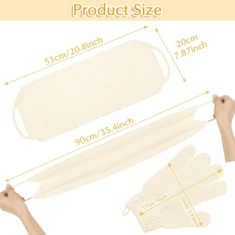 Anezus Exfoliating Back Scrubber Bath Gloves Set, Exfoliating Shower Towel with Shower Gloves for Body Scrub, Back Cleaner Wash Gloves to Remove Dead Skin (Beige)