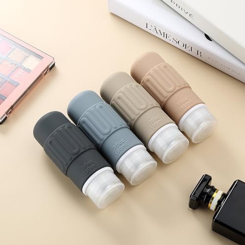 Mrsdry Travel Bottles for Toiletries, BPA Free Leak Proof reusable Silicone Bottles, TSA Approved 3oz Travel Size Bottles, Travel Accessories for Shampoo Soap Liquids with Toiletry Bag (4 Pack)