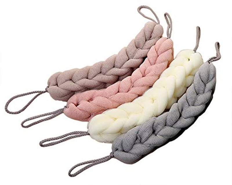 AARainbow 4 Packs Long Stretch Back Sponge with Rope Handles Back Scrubber Bath Shower Mesh Sponge Exfoliating Body Scrub Stretch Braided Loofah for Men and Women (1 White+1 Grey+1 Pink+1 Lotus Pink