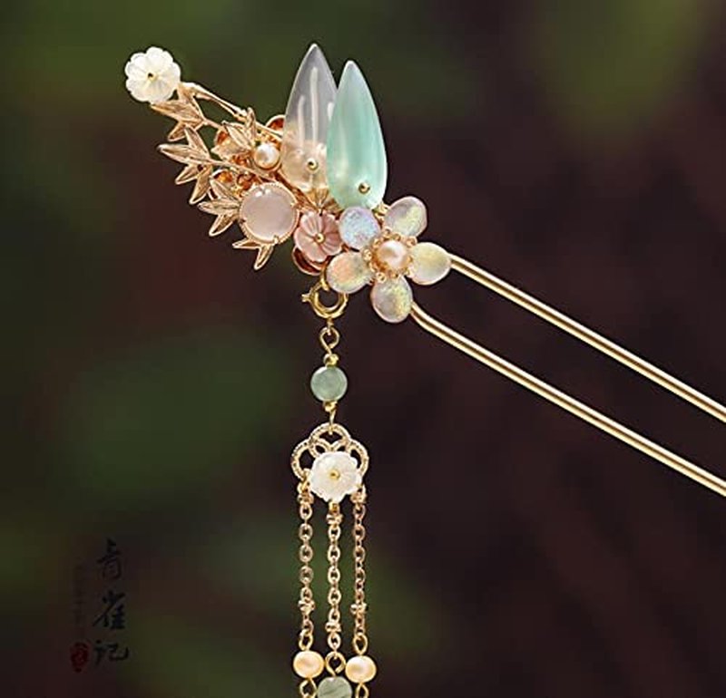 Yuri Hairpin Hair Clasp Sticks Picks Pearl Shell White Crystal Long tassels Hair Accessories For Long Hair Women Wedding Hanfu Cheongsam (green bird)