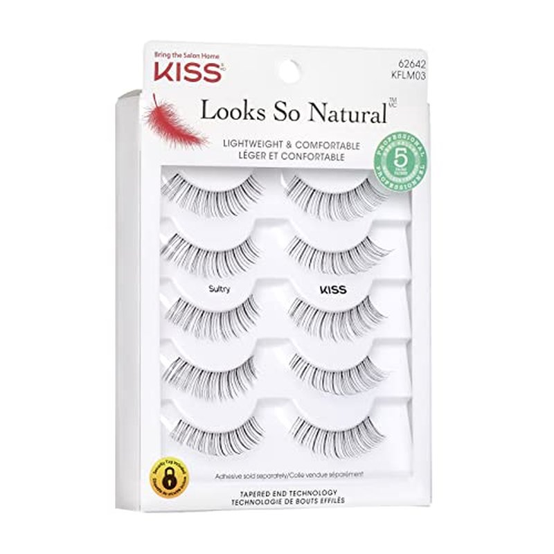 KISS Looks So Natural, False Eyelashes, 'Sultry', 12 mm, Includes 5 Pairs Of Lashes, Contact Lens Friendly, Easy to Apply, Reusable Strip Lashes, Glue-On