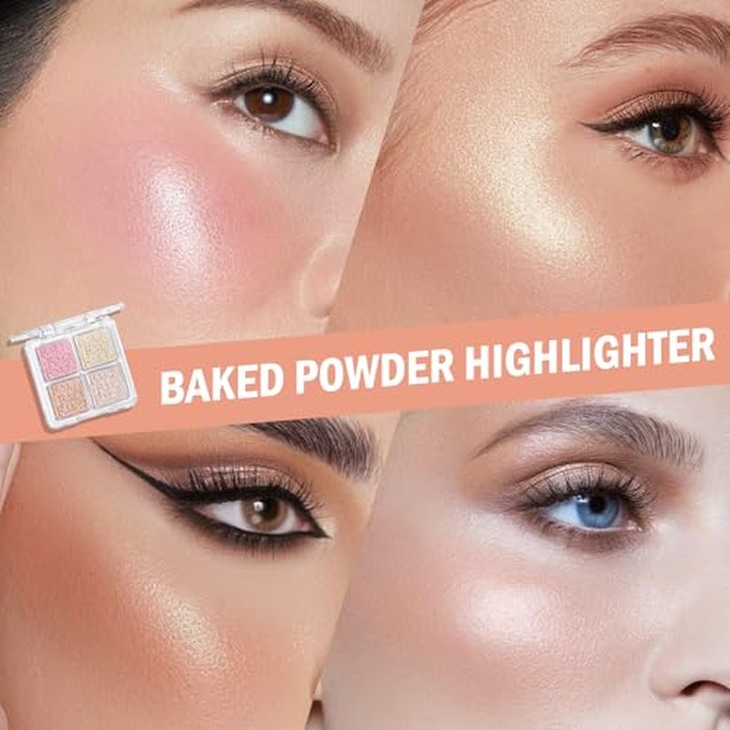 KYDA Baked Powder Highlighter, 4 Color Shimmer Glow Illuminating Powder Palette, Long lasting Face Highlighter Bronzer Makeup Palette for Girls Women-#01