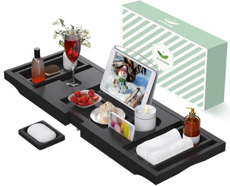 Luxury Bathtub Caddy Tray for Tub - Foldable Bamboo Bath Table Tray with Book and Wine Glass Holder, Expandable Bathroom Accessories for Spa or Reading Lite Style,Black