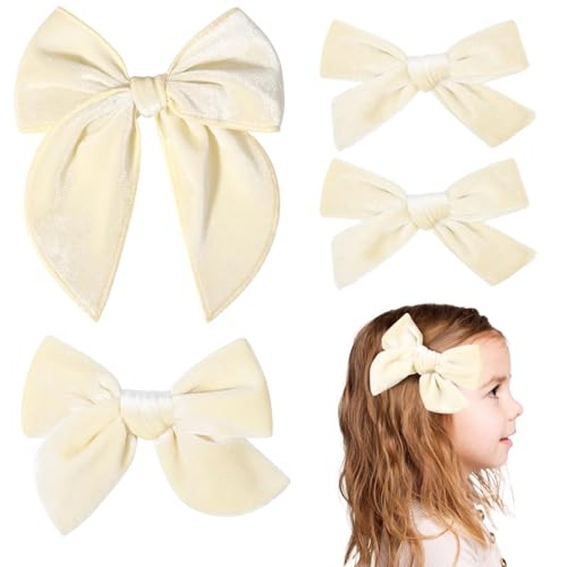 DEEKA 4 PCS Beige Velvet Hair Bows 3 Styles 5" & 4" Handmade Hair Bow set for Toddler Girls Alligator Hair Clips Knot Bows Hair Accessories for Little School Girls (Beige)