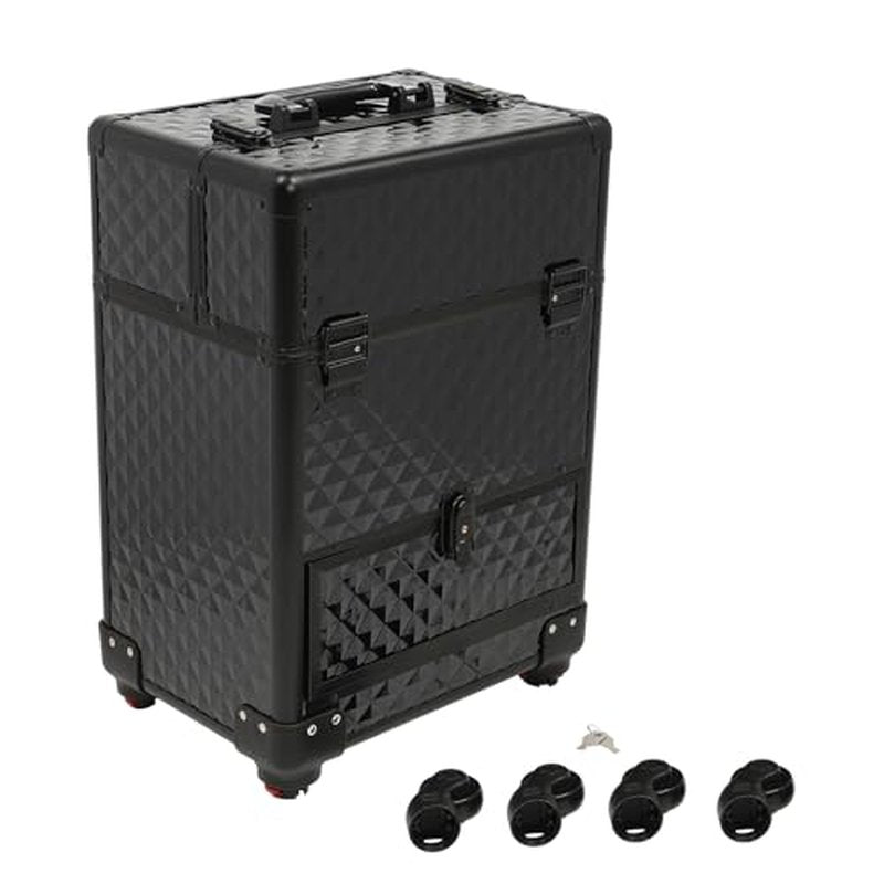 Rolling Makeup Train Case Cosmetic Box Portable Makeup Case Organizer with 7 Compartments and a Drawer Makeup Storage with Lock for Cosmetologist Aesthetic Supplies Traveling Makeup Box, Black