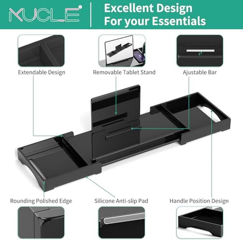 Kucle Expandable Acrylic Bathtub Tray - 18-32 Inches Bath Caddy Tray for Bathtub, Luxury Bath Tub Tray Table for Home Spa, Bath Tray for Tub, Bathroom Tub Accessory Birthday Gift for Her (Black)