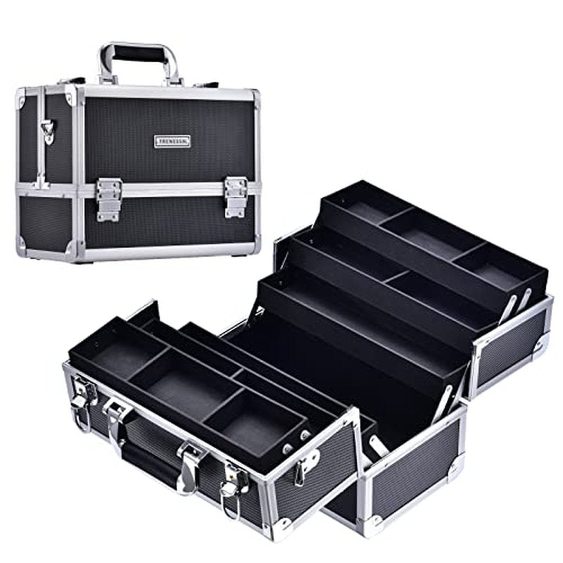 FRENESSA Makeup Train Case Large Cosmetic Box 6 Tier Trays with Compartments Professional Makeup Box Jewelry Storage Organizer Case Adjustable Bottom with Shoulder Strap - Black