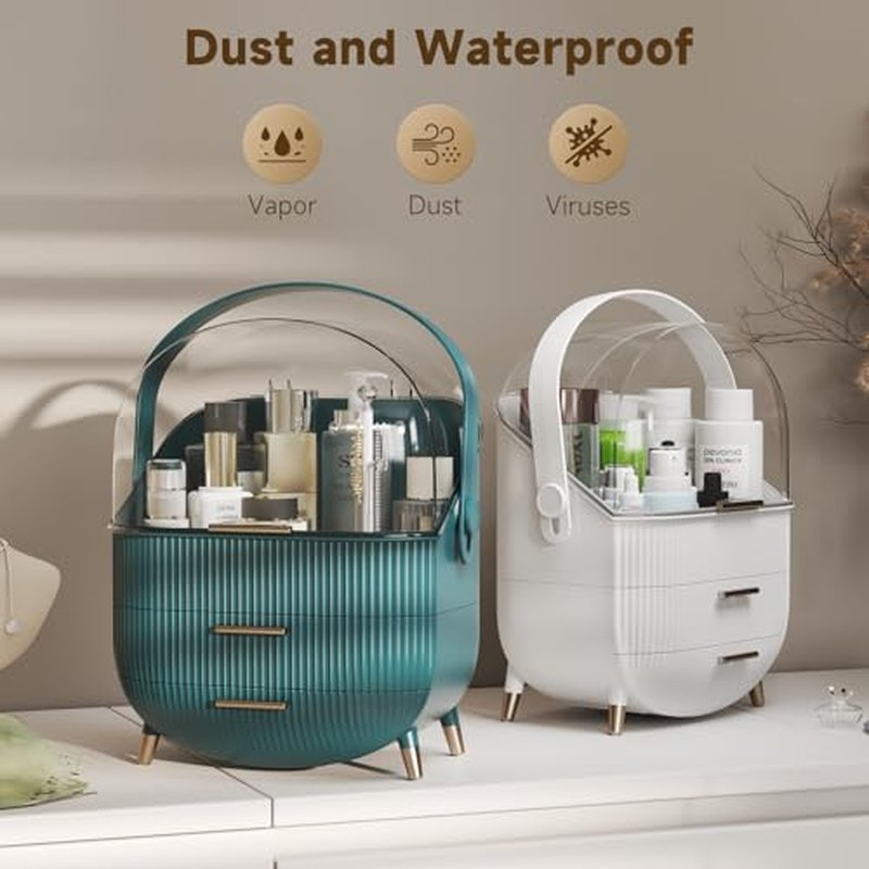 Makeup Storage Organizer with Lid, Waterproof Cosmetics Skincare Organizer for Vanity, Portable Makeup Storage Box for Countertop, Gifts, Women(Pearl White)