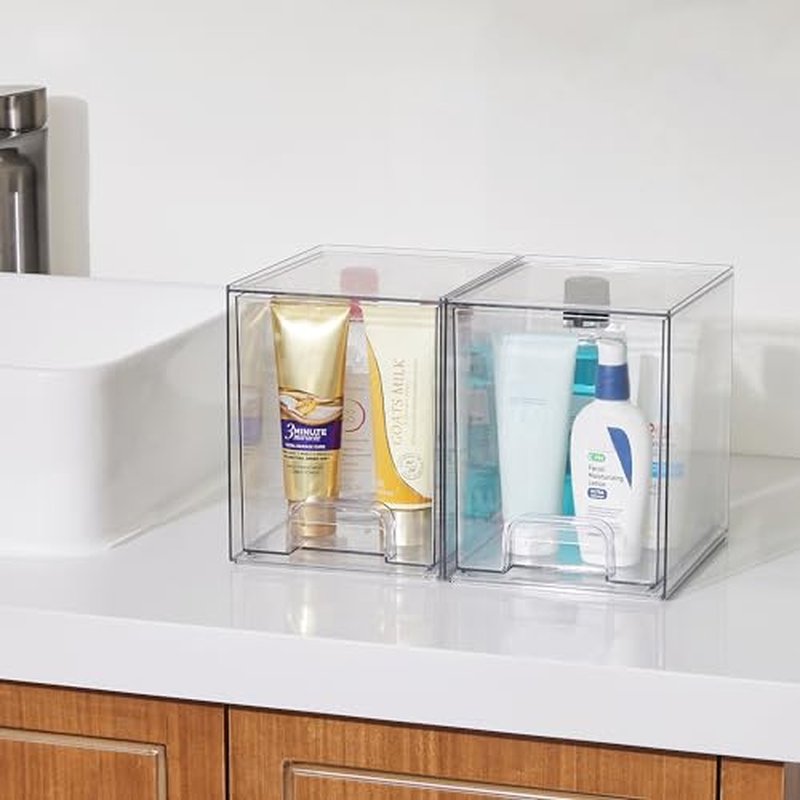 Vtopmart 7.6" H Clear Stackable Storage Drawers, 2 Pack Plastic Organizers Bins for Skincare, Cosmetics,Beauty Supplies,Ideal for Vanity, Bathroom,Kitchen Countertop,Cabinet Organization