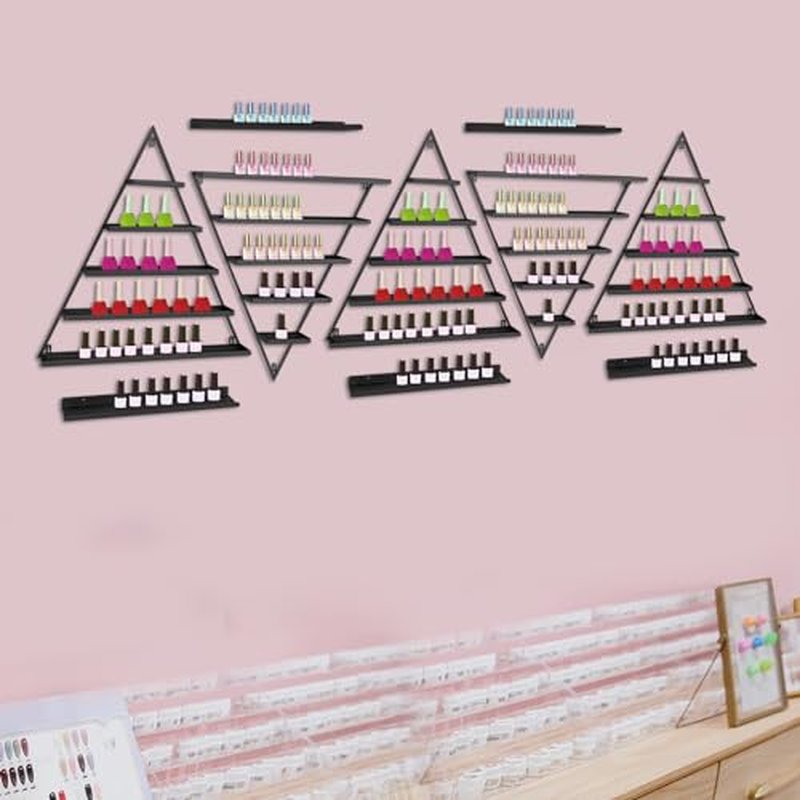 LEYSRIS Wall-Mounted Nail Polish Rack, Set of 10 Triangular Black Nail Polish Shelf Lipstick Perfume Cosmetic Display Shelf for Home Spa Nail Salon Shop