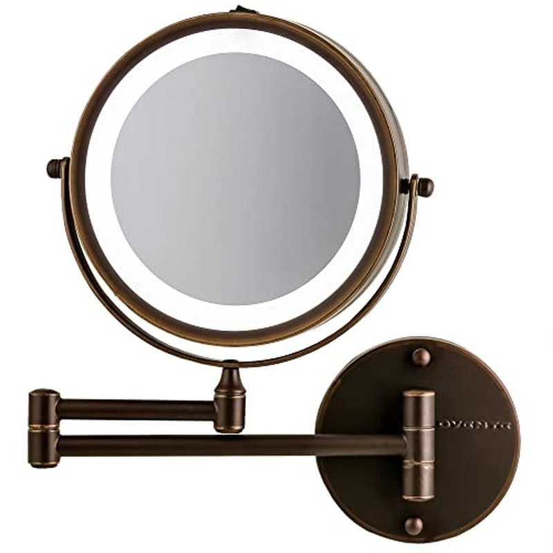 OVENTE 7" Lighted Wall Mount Makeup Mirror with 1X/10X Magnification, Cordless Double Sided Magnifying Round Vanity Mirror, 360° Swivel Design, Extendable and Folding Arm, Nickel Brushed MFW70BR1X10X
