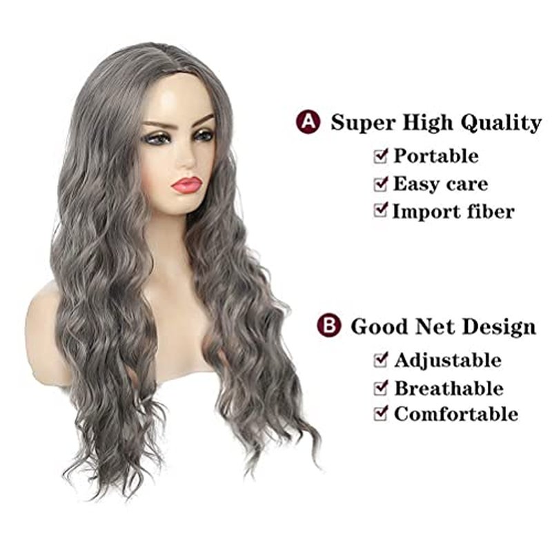 Beweig Long Wavy Gray Wigs for Women Long Curly Wavy Grey Wigs Synthetic Cosplay Wig for Halloween Costume(25 inch)