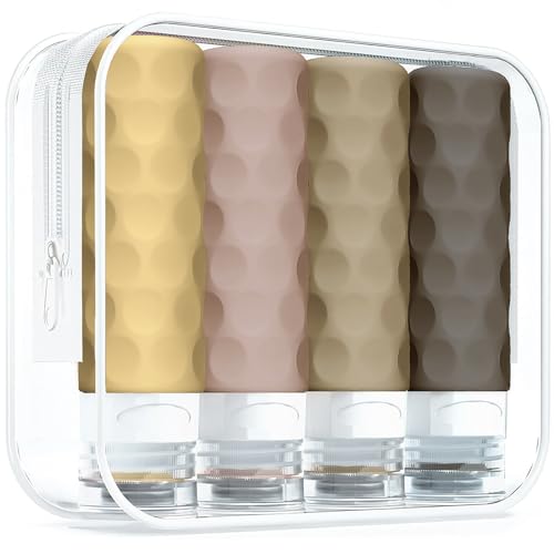 Silevoler Travel Bottles for Toiletries, 4pcs Tsa Approved 3oz Travel Size Containers, BPA Free Leak Proof Premium Silicone Travel Bottles, Refillable Liquid Travel Accessories W/Toiletry Bag（Apricot）