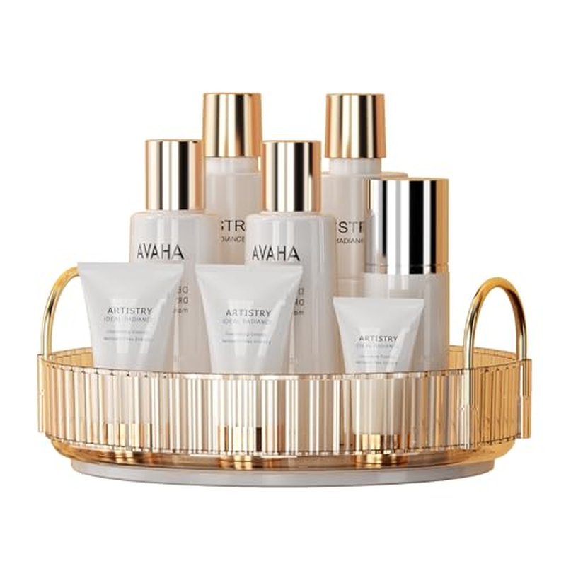 YCIA&DONE 360 Rotating Makeup Organizer and Storage for Vanity Countertop 1 Tier, High Capacity Cosmetic Skincare Perfume Organizer for Dresser Bathroom Fridge Lazy Susan Organizer(Amber Gold)