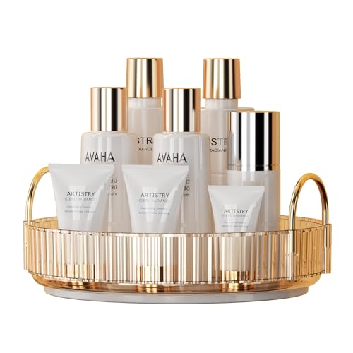 YCIA&DONE 360 Rotating Makeup Organizer and Storage for Vanity Countertop 1 Tier, High Capacity Cosmetic Skincare Perfume Organizer for Dresser Bathroom Fridge Lazy Susan Organizer(Amber Gold)