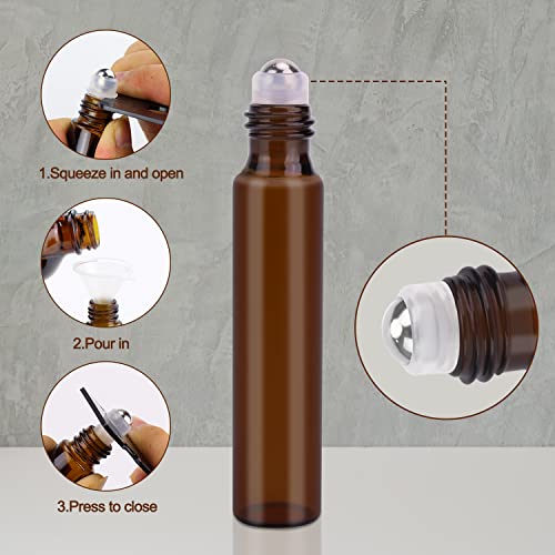 sungwoo 4 Pack Essential Oil Roller Bottles Stainless Steel, 10ml Amber Glass Roller Bottles with Caps for Travel, Perfume and Lip Gloss