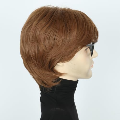 Mens Wigs with Glasses Short Brown Ginger 60s 70s Male Wig for Costume Accessories Halloween Outfit