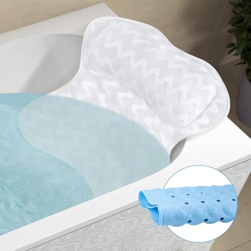 Bath Pillow, Bathtub Pillow Back Neck Support Pillow Spa Cushion for Tub, Relaxing Headrest Bath Pillow, Portable Washable Bathtub Accessories with 3D Air Mesh Thick Soft Bath Pillow