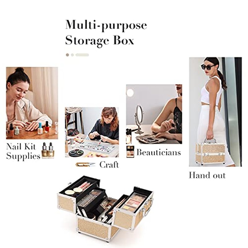 FRENESSA Makeup Train Case Portable Makeup Organizer Box 4 Trays Travel Makeup Storage for Makeup Tools Nail Kits Crafts Travel Makeup Box Gold