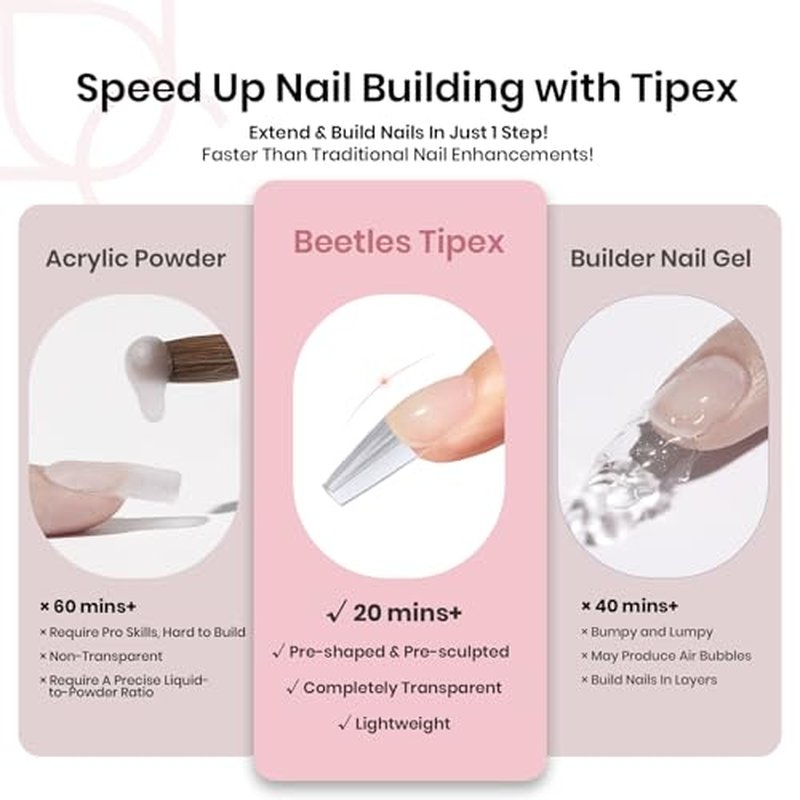 Beetles Tipex Instant Apex Nail Tips, Short Coffin 192 Pieces Pre-Building & Pre-Etched Thicker Acrylic Nail Tips - Upgraded with 16 Sizes for Flat Nails Press on Nails