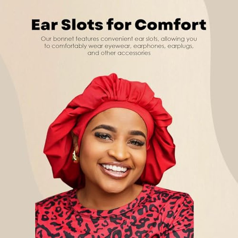 EARTWOEAR Bonnet, Hair Bonnet for Sleeping, Women Sleep Cap Hair Bonnet, Polyester/Lycra Blend Sleep Bonnet, Full Bonnet with Ear Slots (Red)