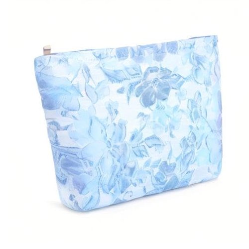 ZLFSRQ Flower Makeup Bag Travel Cute Floral Cosmetic Bags for Women Large Makeup Pouch Zipper Cosmetic Pouch for Purse Aesthetic Embossed Blue Makeup Organizer Bag Portable Toiletry Bag