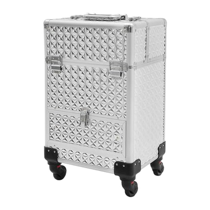 Rolling Makeup Train Case with Storage Sliding Drawer and Removable Divider, Lockable Cosmetic Travel Trolley Case with Wheels Salon Barber Travel Cart Trunk for Nail Tech Hairstylist (Silver)