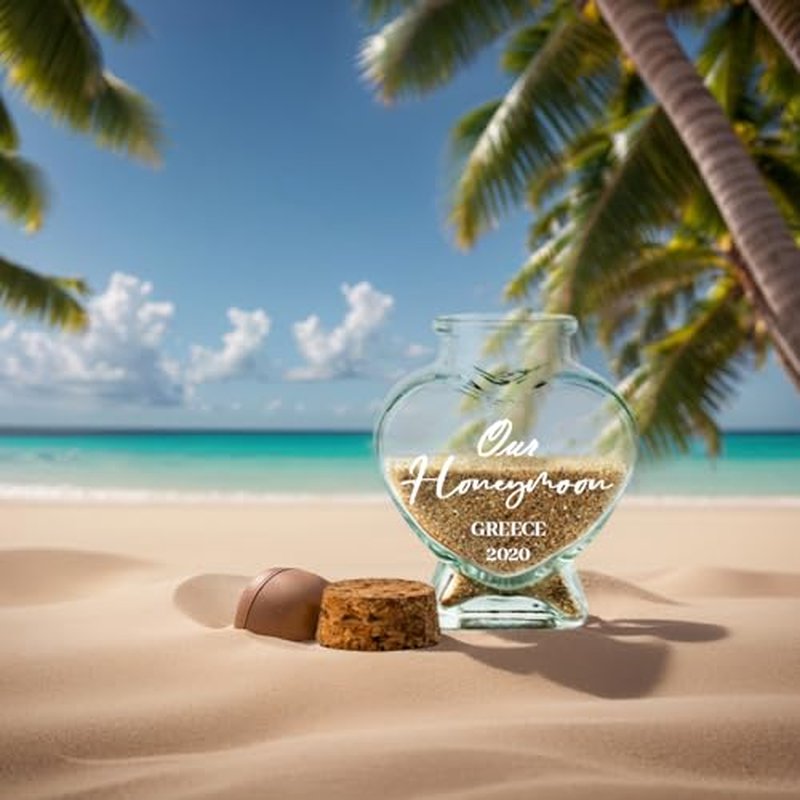 Fornixe Personlized Honeymoon Sand Jar 2024, Heart Shaped Glass Jars with Customised Text Date Custom Sand Bottles Keepsake Jar for Decorations, Wedding Party Favors (Style1)