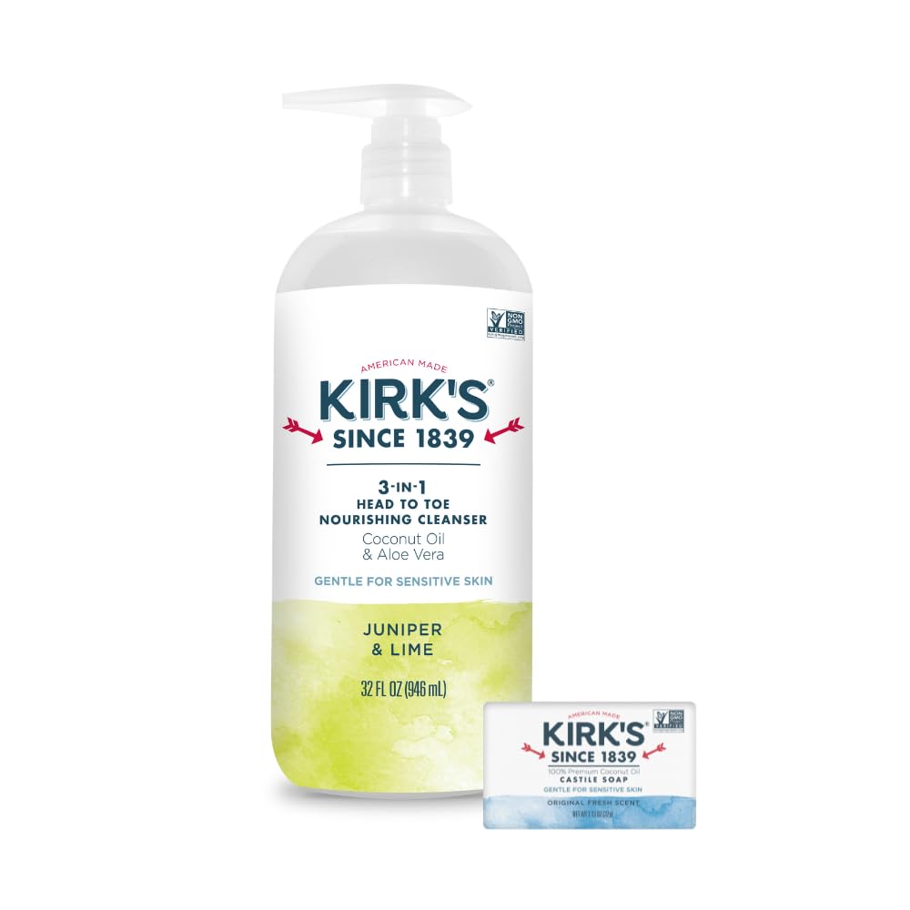 Kirk's Juniper & Lime 3-in-1 Nourishing Cleanser and Travel Bar Soap, Shampoo Body Wash Bubble Bath, Coconut Oil and Aloe Vera, Vegan Non-GMO, 32 Fl Oz
