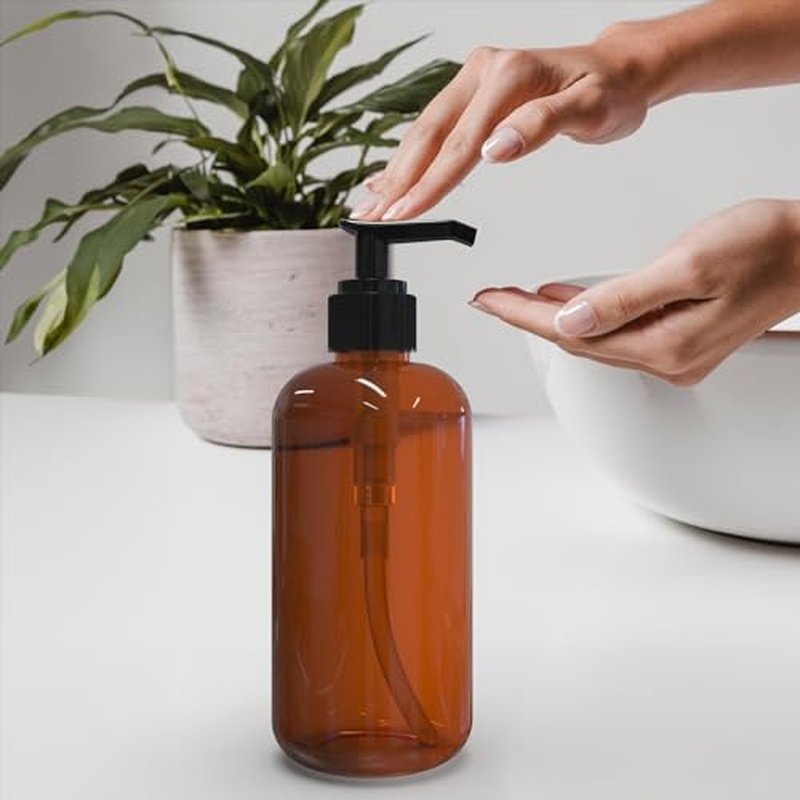 BRIGHTFROM Plastic Bottles with Pump Dispenser, 8 OZ Empty, BPA Free Refillable Containers for Body Wash, Moisturizer, Face Cream, Liquid Soap - Amber/Black - 2 Pack