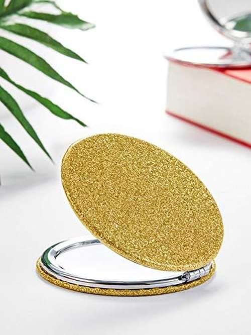 OMIRO 1X/10X(300R) Magnifying Compact Mirror with PU Leather, Ultra-Portable for Purses and Travel, Round Gold