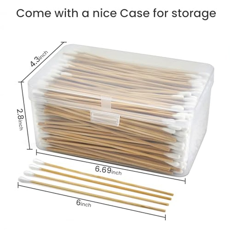 500PCS 6" Long Cotton Swabs in Storage Box - Strong Cleaning Swab with Wooden Handle - Lint Free Cotton Swabs with Wooden Sticks - Cotton Tipped Applicators for Gun Cleaning, Makeup Removing, Pet Care