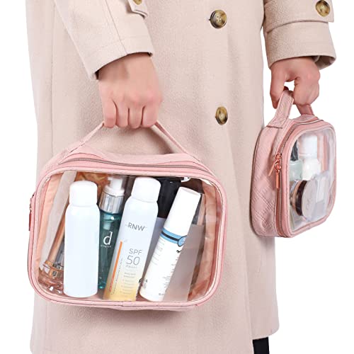 PACKISM TSA Approved Toiletry Bag, 3 Pack Clear Makeup Bags with Handle Large Opening Fit Carry-on Travel Essentials, Quart-sized for Toiletries, Rose Pink