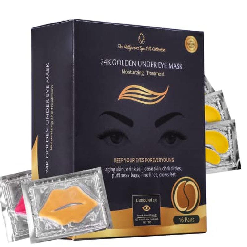 Bisou Bisou Bisou 16 Pairs Gold Under Eye Patches with 2 pieces of Lip Mask | Under Eye Mask Dark Circles and Puffiness | Wrinkles Patches with Hydrogel | Collagen Eye Pad