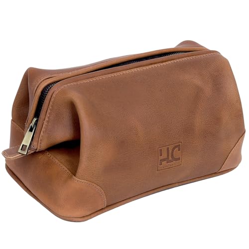HLC Leather Toiletry Bag for Men - Best Gift for Men - Premium Genuine Leather Dopp Kit Shaving Kit Organizer Travel Kit Pouch Bag for Men - Large Size (Tan)