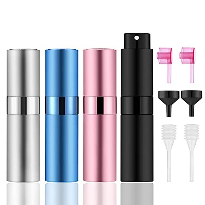 IRON BILL 4 PCS/8ml Portable Mini Perfume Atomizer Bottles, Empty Refillable Spray Bottle with 3 Types of Refill Tools, Pocket Travel Perfume Sample Bottles(Matte Black&Silver&Pink&Blue)