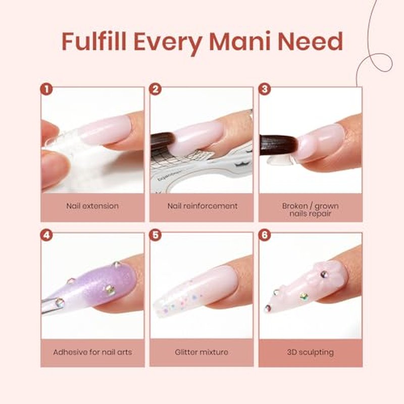 Beetles Poly Nail Extension Gel Kit, 4 Colors Pink White Poly Nail Gel Builder Sheer Pink Nail Gel Clear Nail Art Kit with Poly Brush and Slip Solution Nail Salon All In One French Poly for Women