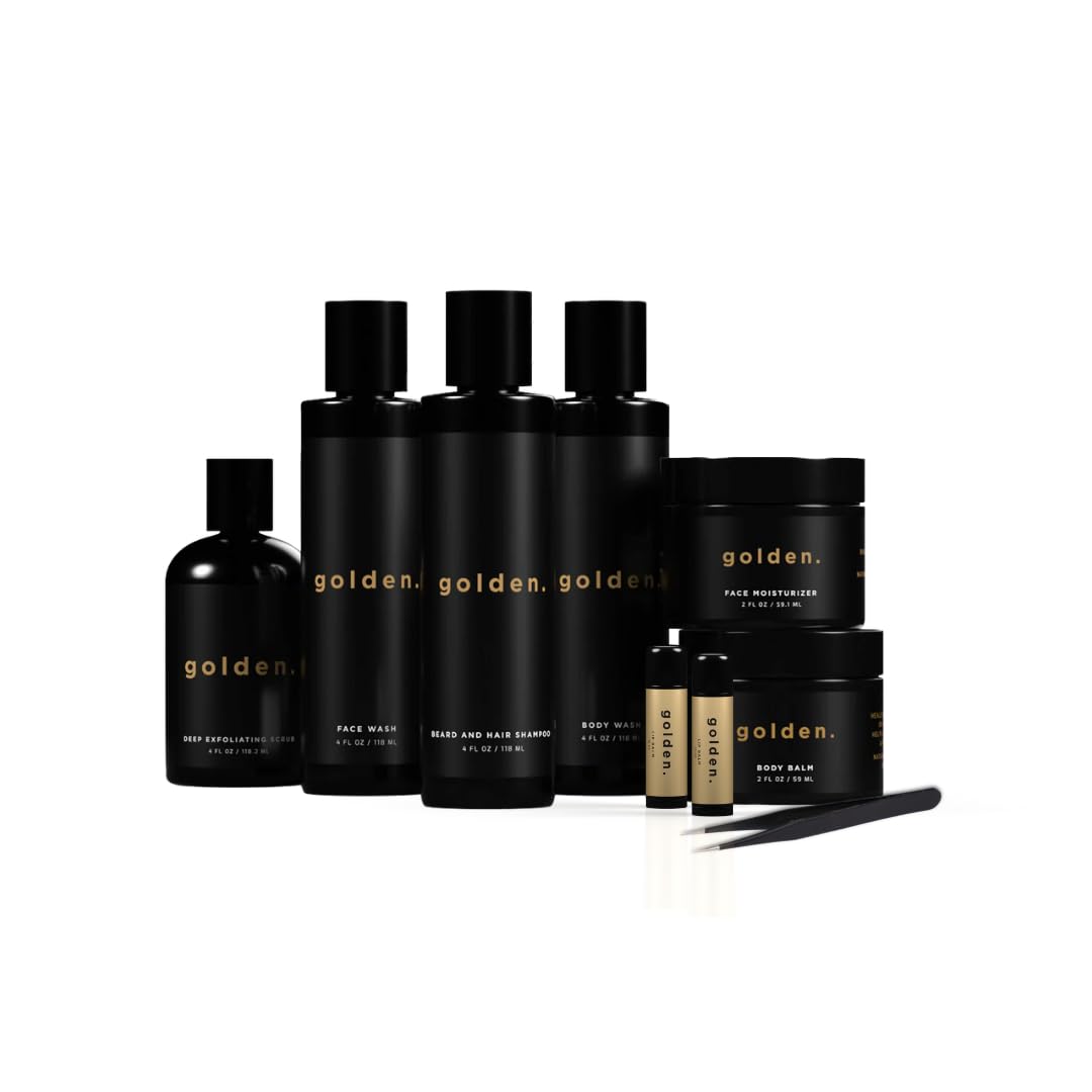 Golden Grooming Co. Bath and Body Skin Care Kit Gift Set for Men - with Deep Exfoliating Scrub, Face Wash, Moisturizer, Body Wash, 2 in 1 Beard and Hair Shampoo, Body Balm,Solid Cologne and Tweezers