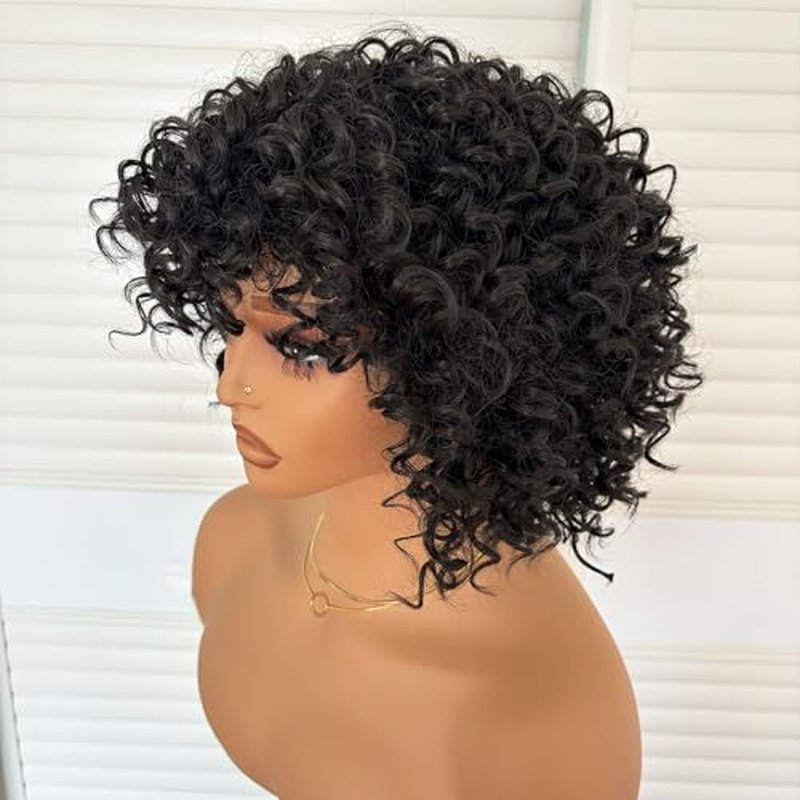 Short Kinky Curly Wig 8 Inch Bob Wigs for Black Women Natural Black Short Loose Curly Wig with Bangs Synthetic Big Bouncy Curls Full Hair Wig Heat Resistant Fiber