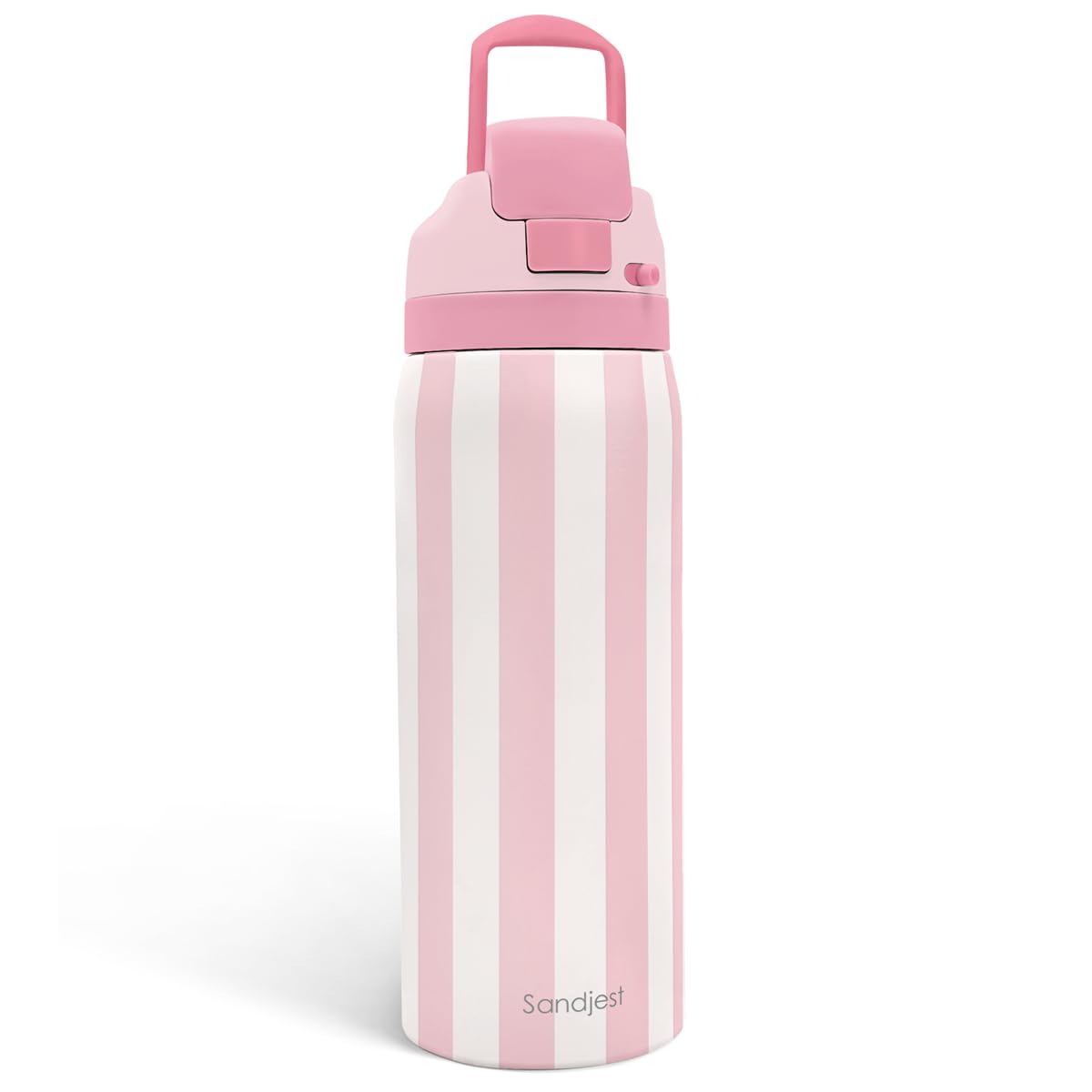 Stripe Insulated Stainless Steel Water Bottle with Straw, Push-Button Lid, 32 Ounce, Gifts for Women Girls Friends Teens Birthday Christmas (Pink)