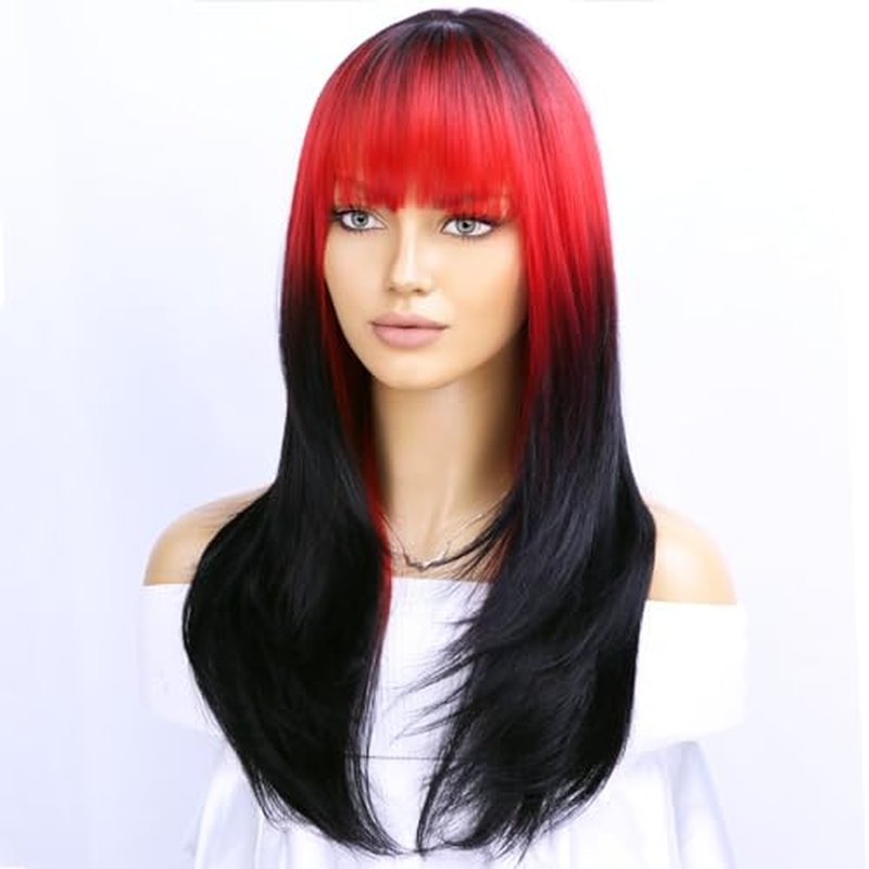 BERON Black Red Women Wigs Long Wavy Wig with Bangs Ombre Color Curly Synthetic Layered Wigs for Daily Used Wigs Wig Cap Included